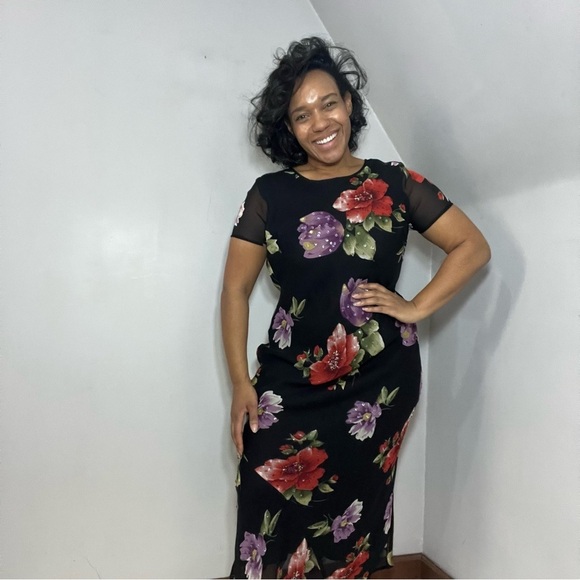 Vintage Floral Maxi Dress Whimsigoth Flowy Evening Gown Cocktail Bloomcore Party - Picture 8 of 16